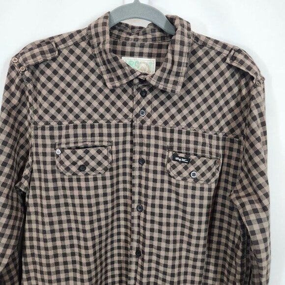 LRG Woven Men's Gingham Check‎ Button Down in Black and Tan - Size Medium - Picture 2 of 7